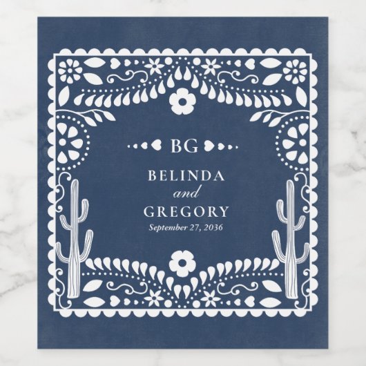 Papel Picado Boda Mexican Rustic Blue Wedding ワインラベル (シングルラベル)