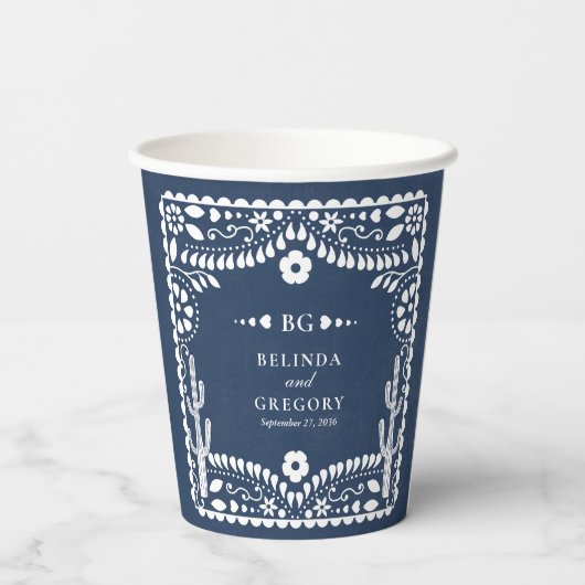 Papel Picado Boda Mexican Rustic Blue Wedding 紙コップ (裏面)
