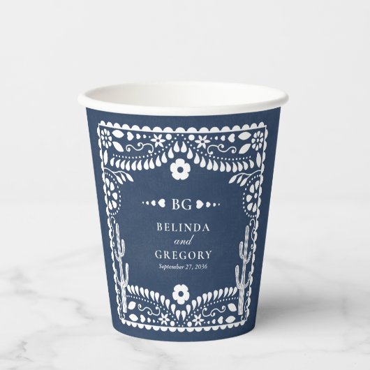 Papel Picado Boda Mexican Rustic Blue Wedding 紙コップ (正面)