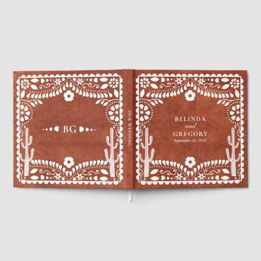 Papel Picado Boda Mexican Terracotta Brown Wedding ゲストブック (全面)