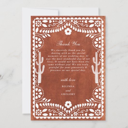 Papel Picado Boda Mexican Terracotta Brown Wedding サンキューカード (正面)