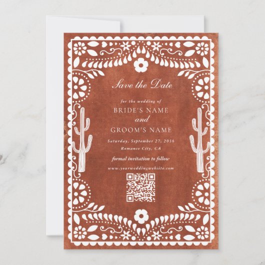 Papel Picado Boda Mexican Terracotta Brown Wedding セーブザデート (正面)