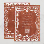 Papel Picado Boda Mexican Terracotta Brown Wedding セーブザデート (正面/裏面)