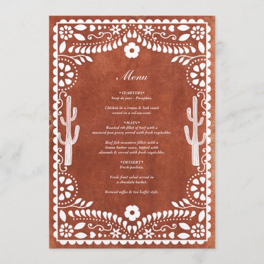 Papel Picado Boda Mexican Terracotta Brown Wedding メニュー (正面)