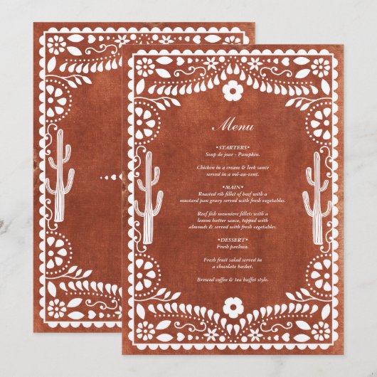 Papel Picado Boda Mexican Terracotta Brown Wedding メニュー (正面/裏面)