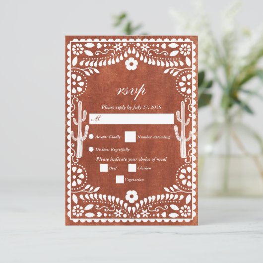 Papel Picado Boda Mexican Terracotta Brown Wedding 出欠カード (スタンド正面)