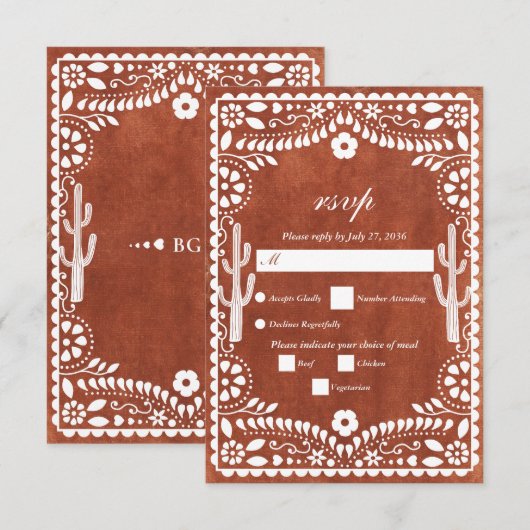 Papel Picado Boda Mexican Terracotta Brown Wedding 出欠カード (正面/裏面)