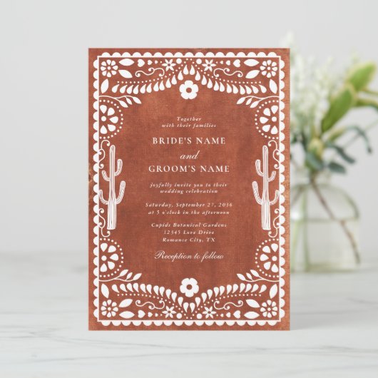 Papel Picado Boda Mexican Terracotta Brown Wedding 招待状 (スタンド正面)