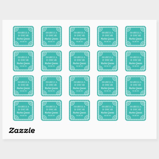 Papel Picado Bright Aqua Wedding Favor Sticker スクエアシール (シート)