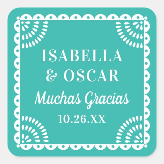 Papel Picado Bright Aqua Wedding Favor Sticker スクエアシール (正面)