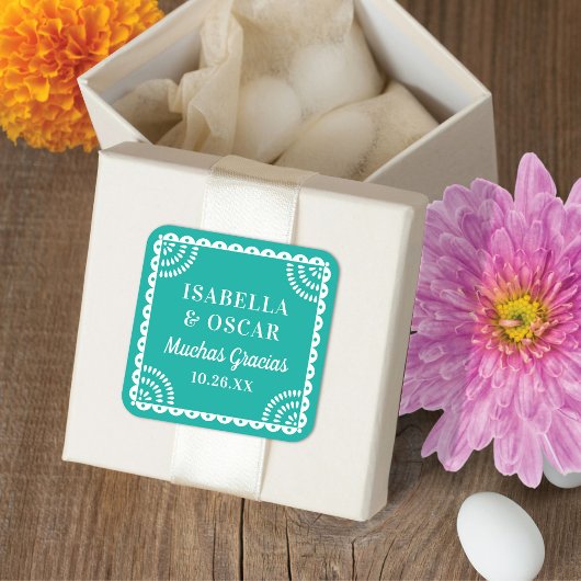 Papel Picado Bright Aqua Wedding Favor Sticker スクエアシール