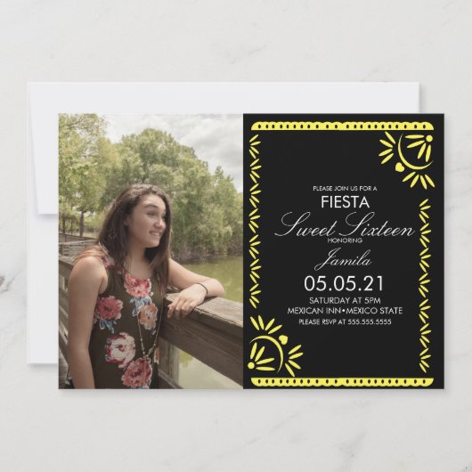 Papel Picado Fiesta Sweet 16メキシコイエロー写真 招待状 (正面)