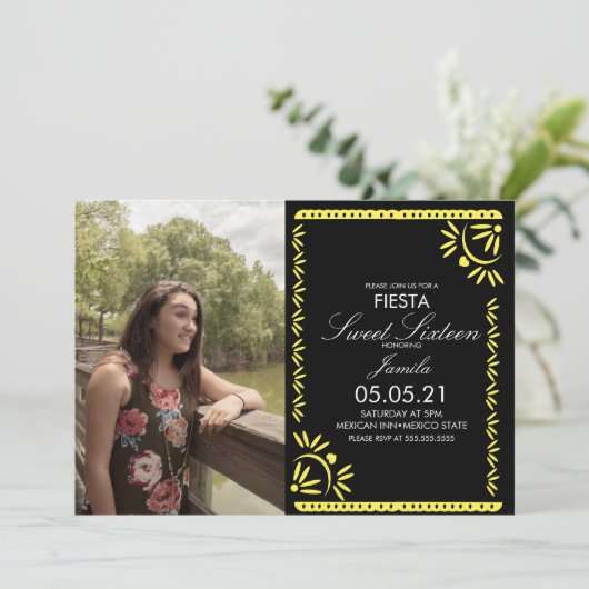 Papel Picado Fiesta Sweet 16メキシコイエロー写真 招待状 (スタンド正面)