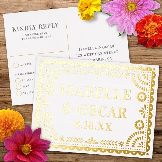 Papel Picado Neutral Foil Wedding Reply RSVP Card 箔シーズンポストカード