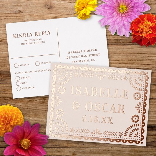 Papel Picado Neutral Foil Wedding Reply RSVP Card 箔シーズンポストカード