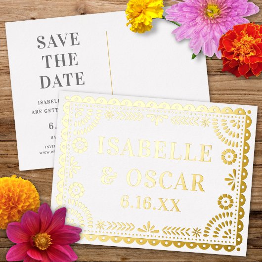 Papel Picado Neutral Wedding Save The Date Card 箔シーズンポストカード