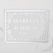 Papel Picado Silver Wedding Save The Date Card 箔シーズンポストカード (正面)