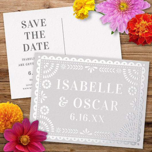Papel Picado Silver Wedding Save The Date Card 箔シーズンポストカード