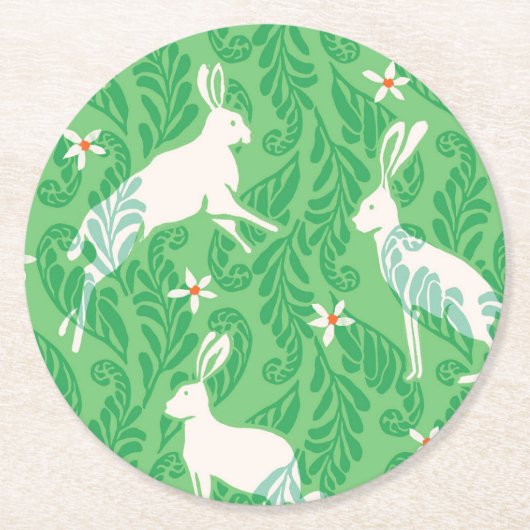 Paper Coaster in spring green rabbits and ferns ラウンドペーパーコースター (正面)