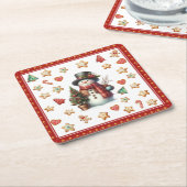 Paper Coaster Snowman and Christmas Cookies Red スクエアペーパーコースター (アングル)