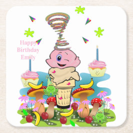 Paper Coasters Happy Birthday Pink Cupcake  スクエアペーパーコースター