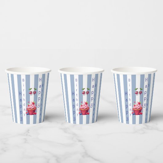 Paper Cup Blue & White Stripe Birthday 紙コップ (複数)