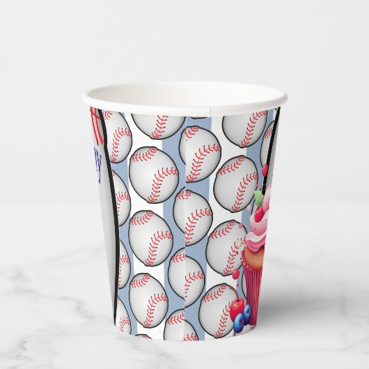 Paper Cup Blue White Stripe Birthday Baseball 紙コップ (右)