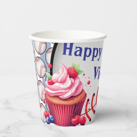 Paper Cup Blue White Stripe Birthday Baseball 紙コップ (正面)