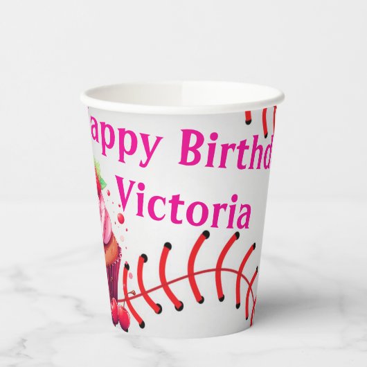 Paper Cup Pink White Stripe Birthday Baseball 紙コップ (左)