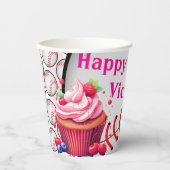 Paper Cup Pink White Stripe Birthday Baseball 紙コップ (正面)