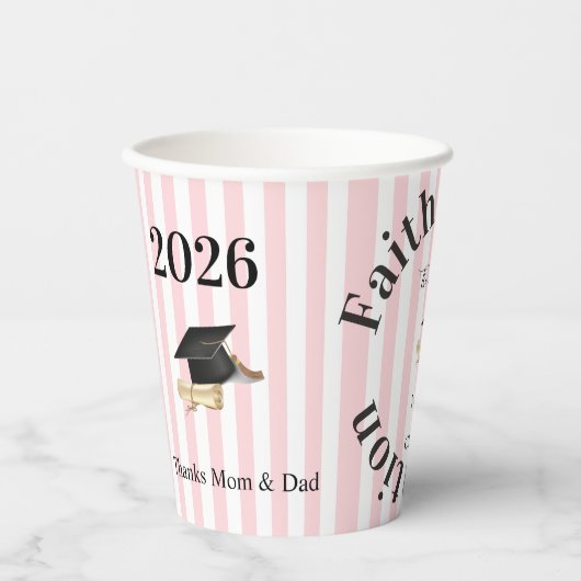 Paper Cup Pink & White Stripe Graduate 2026 紙コップ (正面)