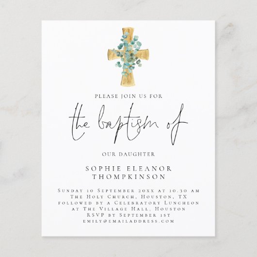 PAPER | Eucalyptus Cross Script Baptism Invitation チラシ (正面)