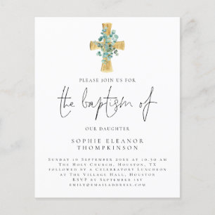 PAPER Eucalyptus Cross Script Baptism Invitation チラシ