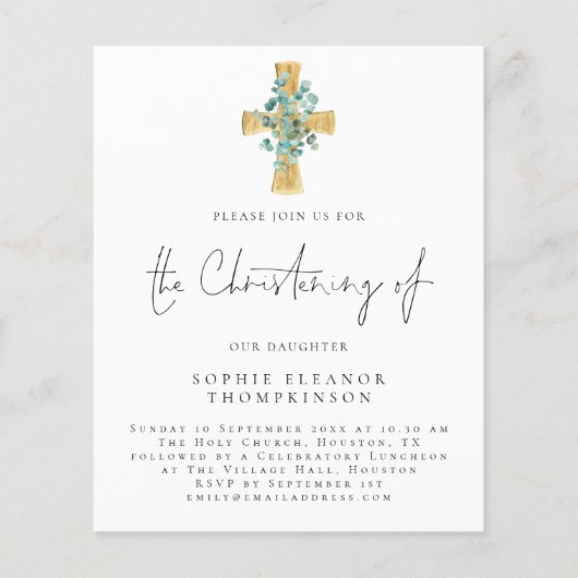 PAPER | Eucalyptus Cross Script Christening Invite チラシ (正面)
