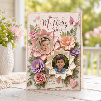 Paper Flower Two Photo Mother’s Day Keepsake Card カード