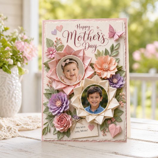 Paper Flower Two Photo Mother’s Day Keepsake Card カード