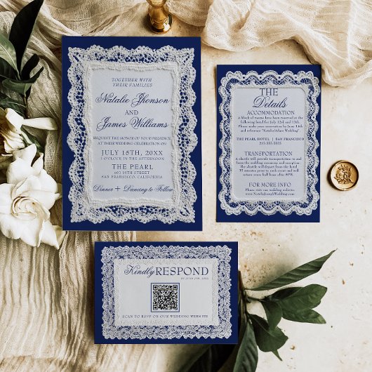 Paper Lace Royale Blue 高級感のあるドイリー ウェディング 招待状