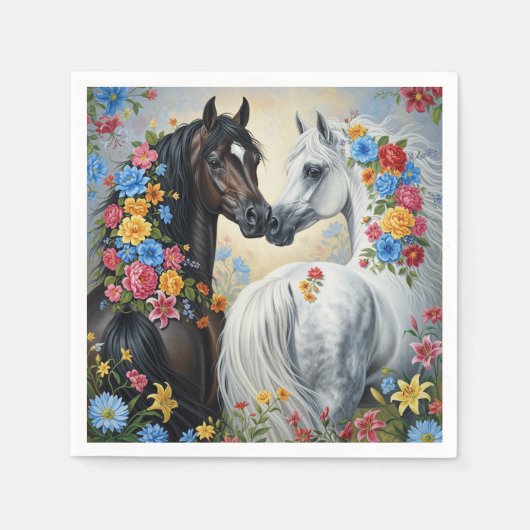 Paper Napkin Horses framed in flowers スタンダードカクテルナプキン (正面)