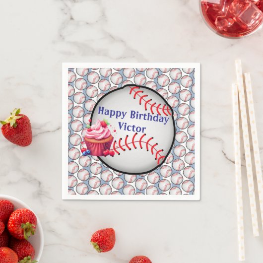 Paper Napkins Blue White Stripe Birthday Baseball スタンダードカクテルナプキン (インサイチュ)