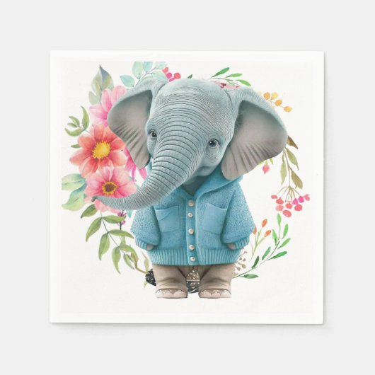 Paper Napkins Happy Blue Elephant Floral スタンダードカクテルナプキン (正面)