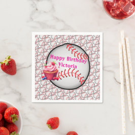 Paper Napkins Pink White Stripe Birthday Baseball スタンダードカクテルナプキン