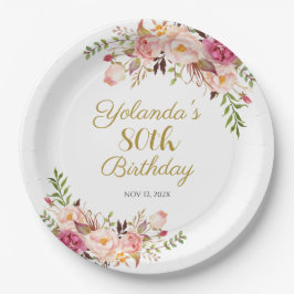 Paper Plate Adult 80th Birthday, Elegant Floral ペーパープレート