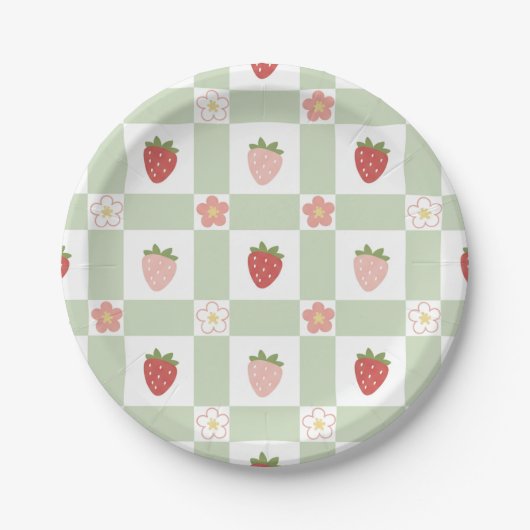 Paper Plate Cute Strawberry Gingham Pastel Green ペーパープレート (正面)