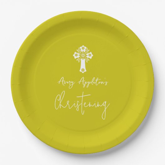 Paper Plate Floral Cross Christening Yellow ペーパープレート (正面)