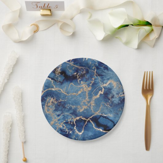 Paper Plates 17,8 cm - Blue & Gold Pattern ペーパープレート (ウェディング)