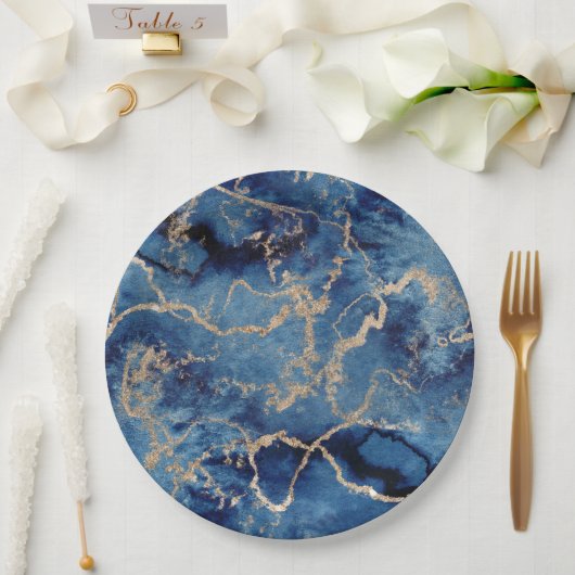 Paper Plates 22,9 cm - Blue & Gold Pattern ペーパープレート (ウェディング)