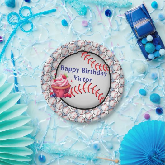 Paper Plates, Blue White Stripe Birthday Baseball ペーパープレート (パーティー)