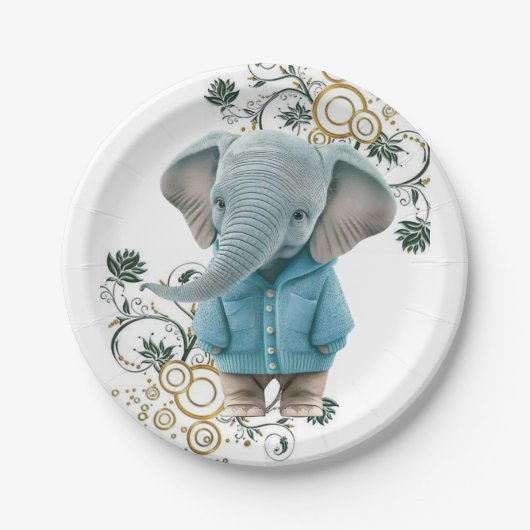 Paper Plates, Floral Blue Elephant  ペーパープレート (正面)