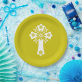 Paper Plates Floral Cross Yellow ペーパープレート (パーティー)