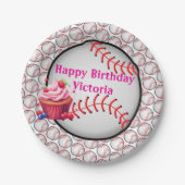 Paper Plates, Pink  White Stripe Birthday Baseball ペーパープレート (正面)